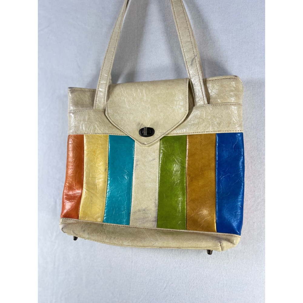 Vintage Rainbow Stripe Shoulder Bag Cream Retro Multi Color Turn Lock Tote Purse